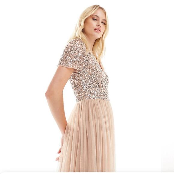 MAYA BRIDESMAID V-NECK MAXI TULLE DRESS NEW W TAGS SEQUIN TOP WOMEN SZ LARGE/14 - Picture 3 of 12